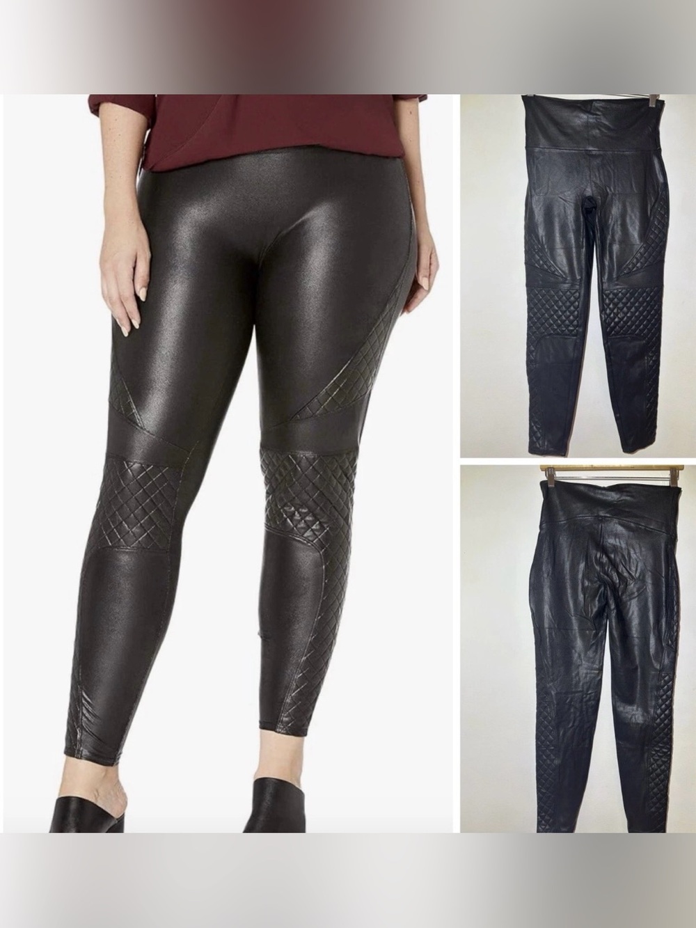 Spanx By Sara Blakely Quilted Faux Leather  Black Leggings Size Large